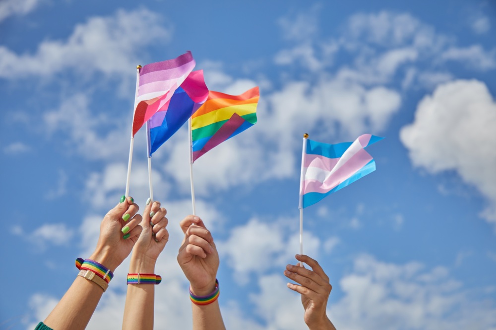 Four different Pride Flags in the Air being held up by people, blue sky with clouds in the background